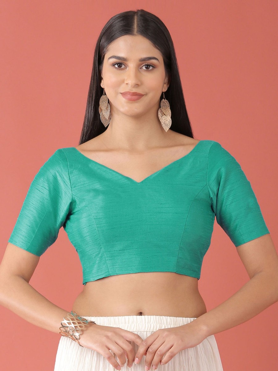 Women Royal Dwells | Women'S Sea Toned Pure Silk Plain Readymade Blouse - Royal Dwells Green