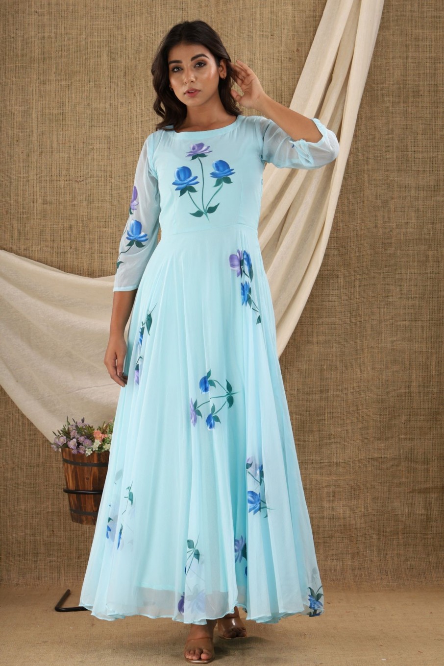 Women SARAS THE LABEL | Women'S Blue Anarkali Dress (1Pc) - Saras The Label