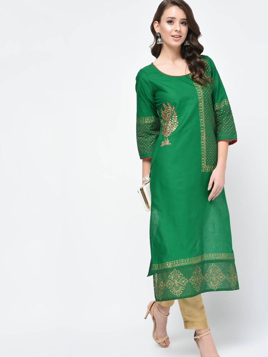 Women CHEERA | Women'S Green Hand Block Print Straight Kurta Only - Cheera