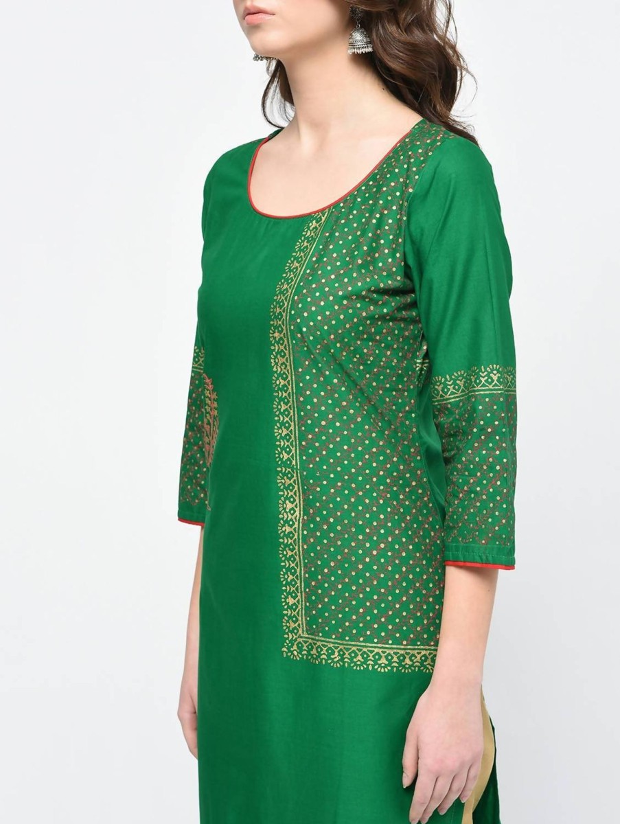 Women CHEERA | Women'S Green Hand Block Print Straight Kurta Only - Cheera