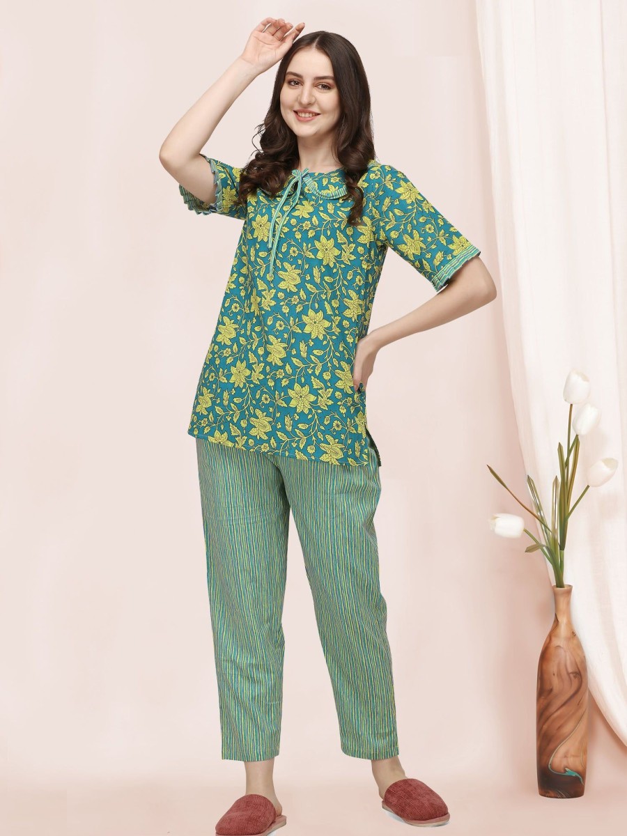 Women MESMORA FASHION | Women'S Green Floral Handblock Printed Cotton Pajama Suit Set - Mesmora Fashion