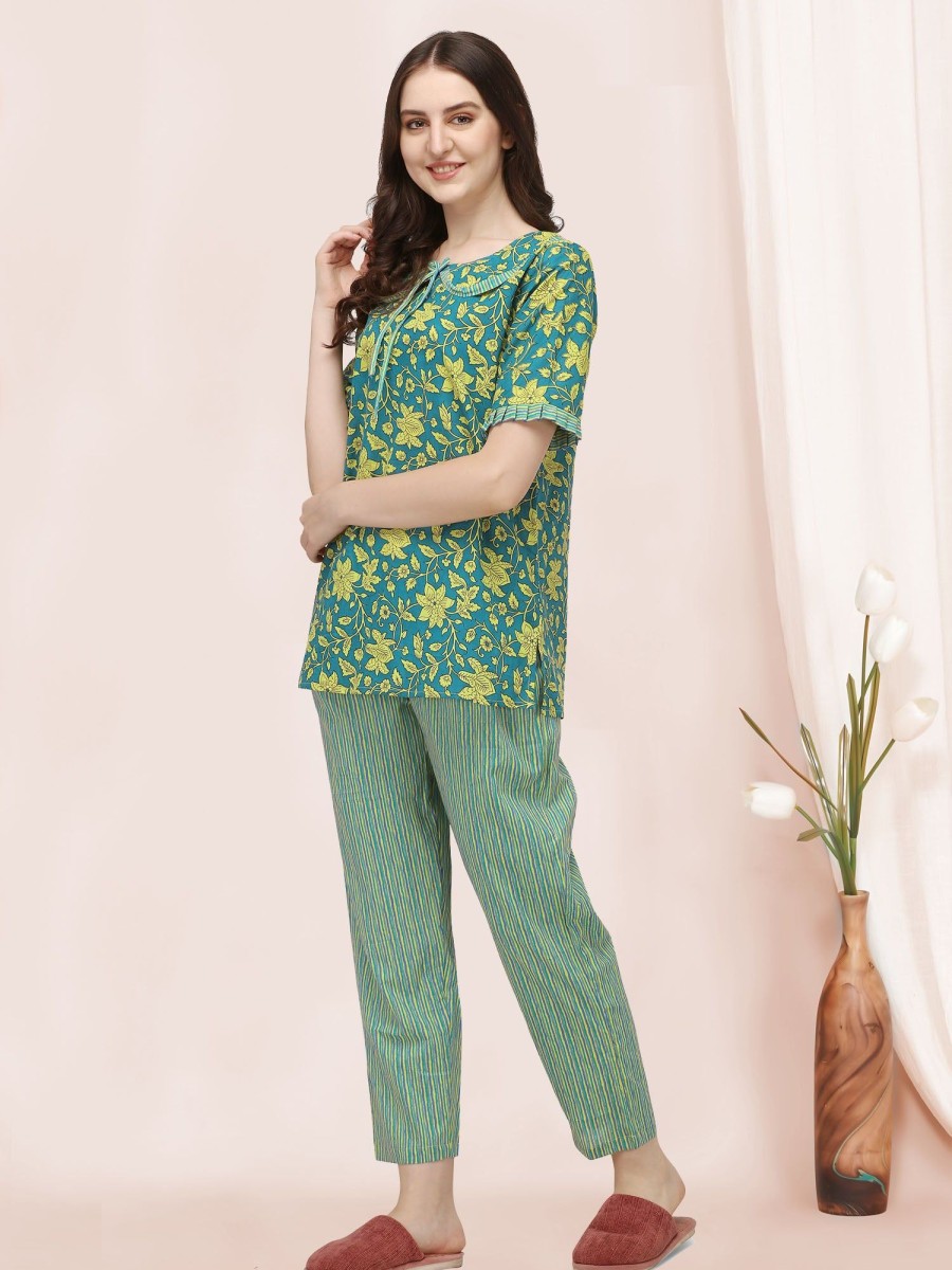 Women MESMORA FASHION | Women'S Green Floral Handblock Printed Cotton Pajama Suit Set - Mesmora Fashion