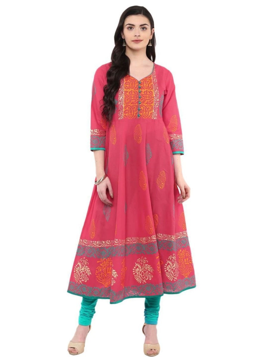 Women NOZ2TOZ | Women'S Pink Festive Ajrakh Hand Block Cotton Printed Anarkali - Noz2Toz