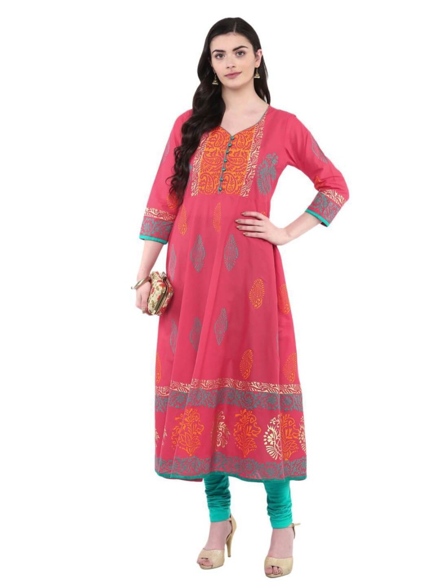 Women NOZ2TOZ | Women'S Pink Festive Ajrakh Hand Block Cotton Printed Anarkali - Noz2Toz