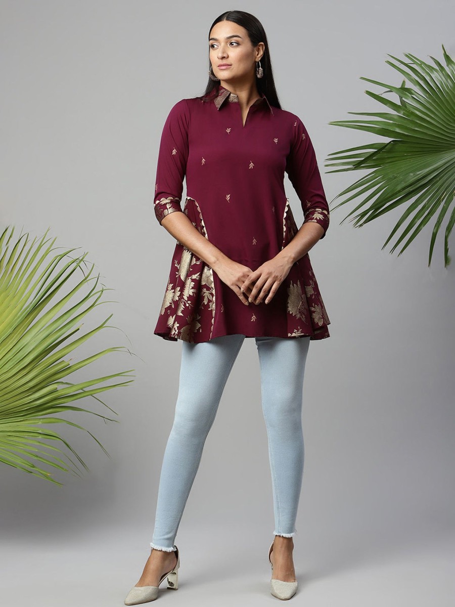 Women Ahalyaa | Women'S Crepe Printed Tunic - Ahalyaa Wine