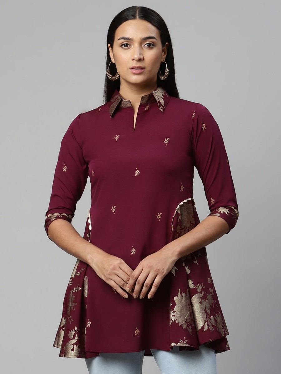 Women Ahalyaa | Women'S Crepe Printed Tunic - Ahalyaa Wine