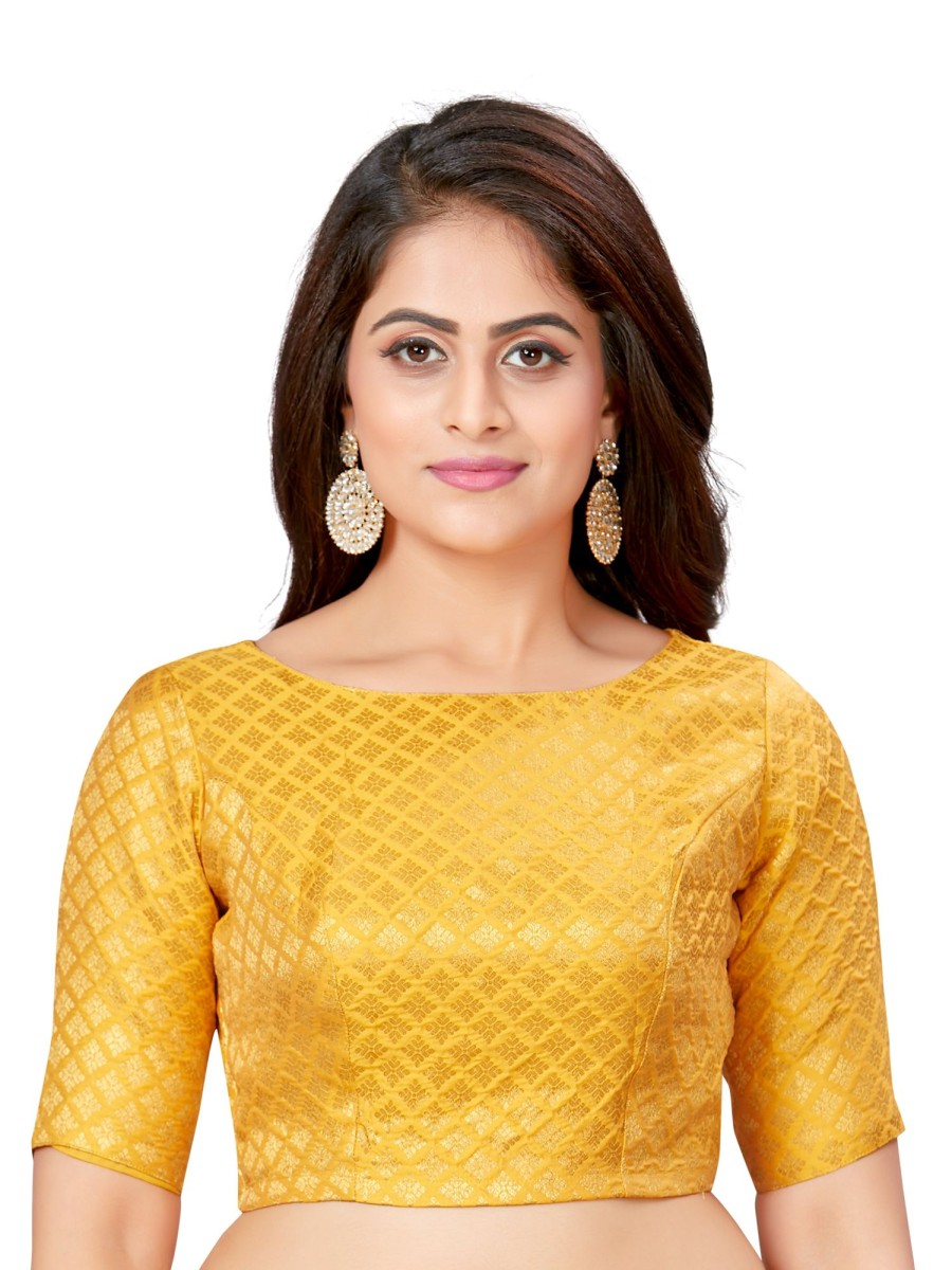 Women Madhu Fashion | Women'S Brocade Elbow Length Sleeves Readymade Saree Blouse - Madhu Fashion Yellow