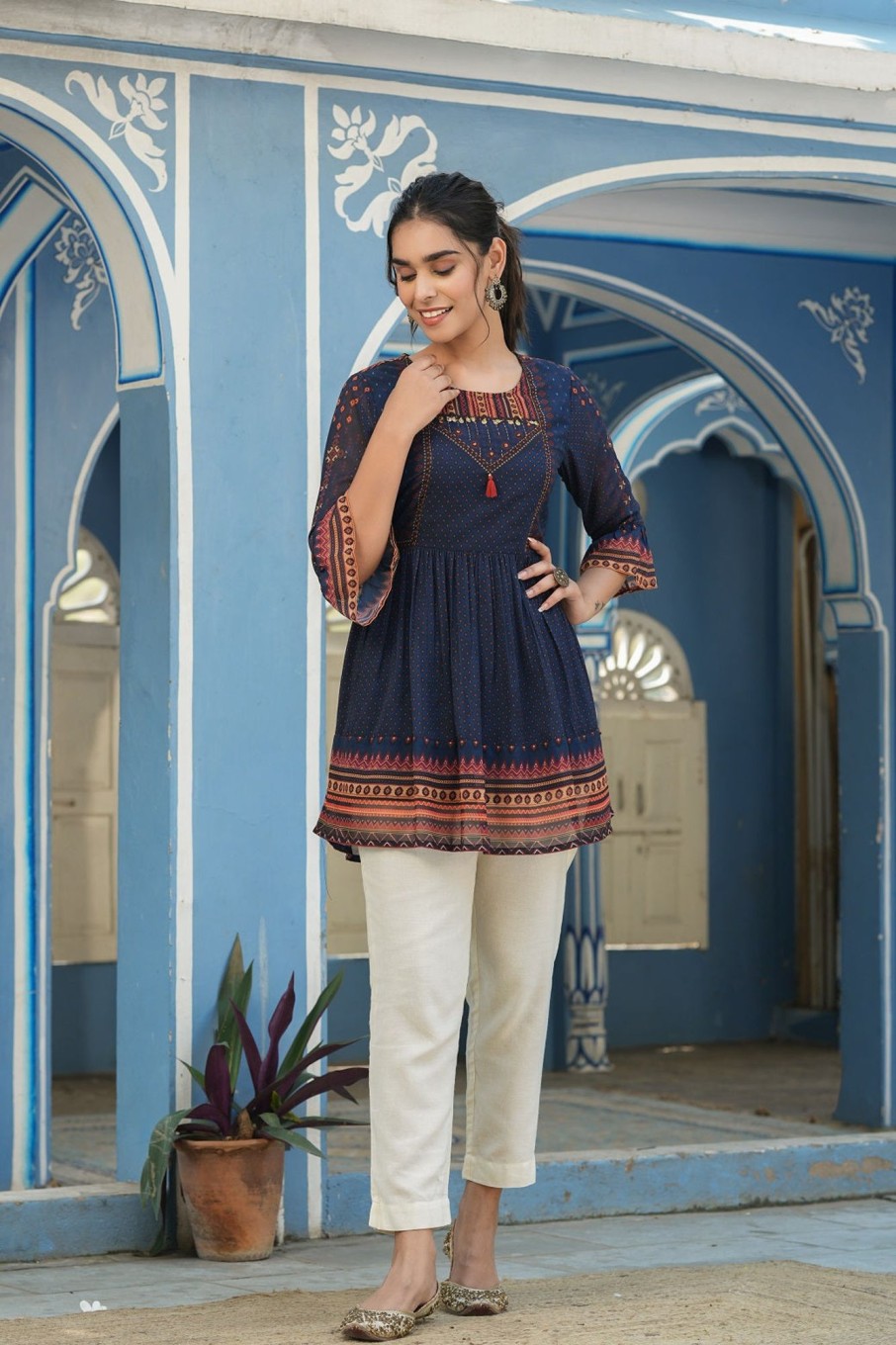 Women Juniper | Women'S Indigo Festive Printed Flared Tunic For Women - Juniper Georgette