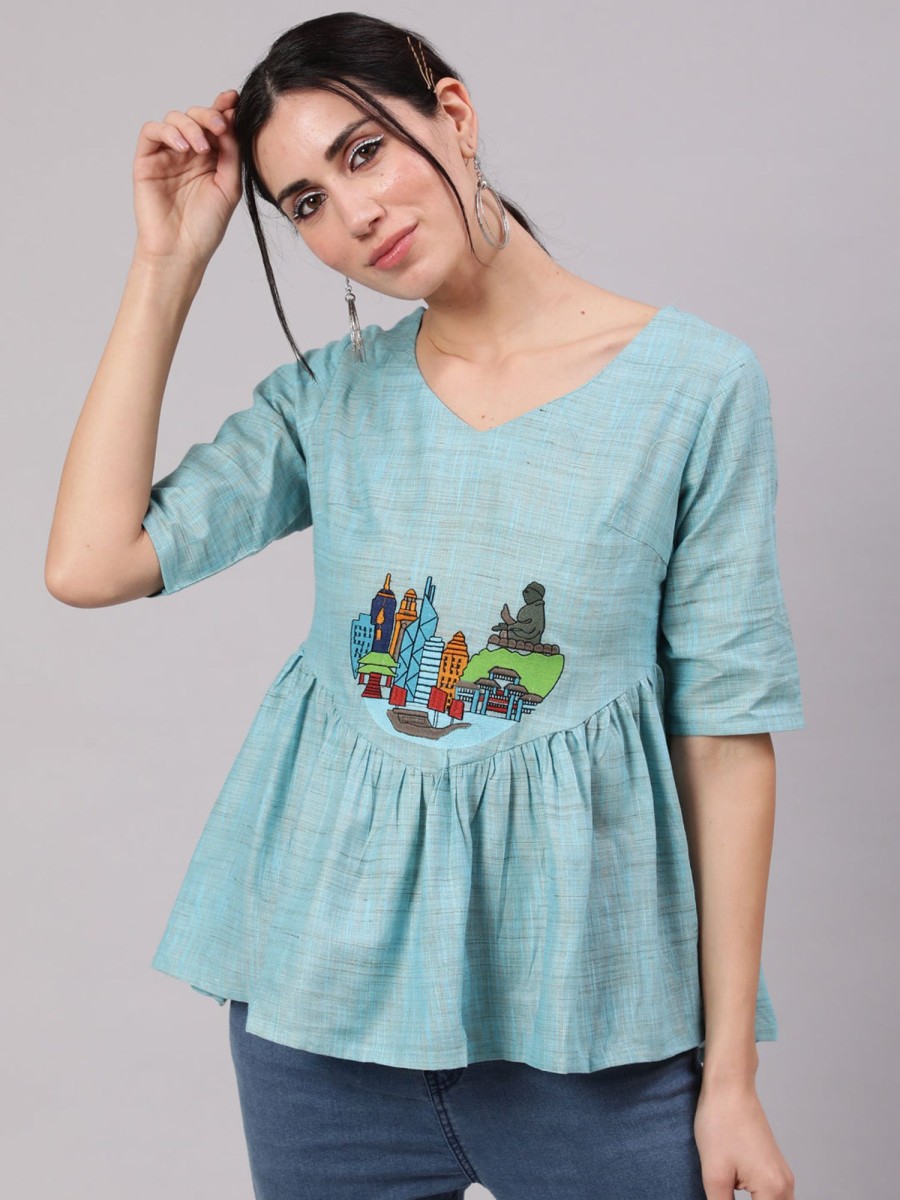 Women AKS | Women'S Singapore Embroidered Tunic - Aks Blue