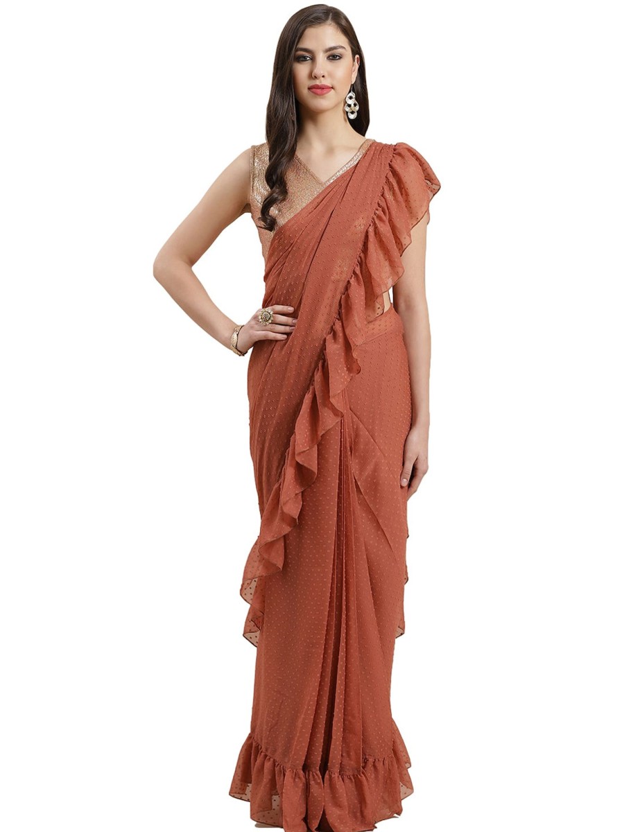 Women Ahalyaa | Women'S Rusty Rose Booti Chiffon Ruffles Ready To Wear Saree - Ahalyaa