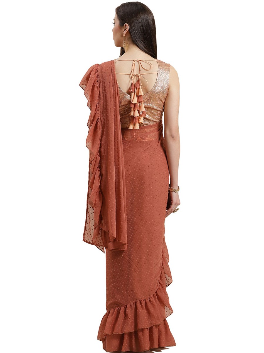 Women Ahalyaa | Women'S Rusty Rose Booti Chiffon Ruffles Ready To Wear Saree - Ahalyaa