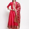 Women Myshka | Women'S Red Poly Silk Solid Full Sleeve Mandarin Neck Casual Anarkali Gown - Myshka