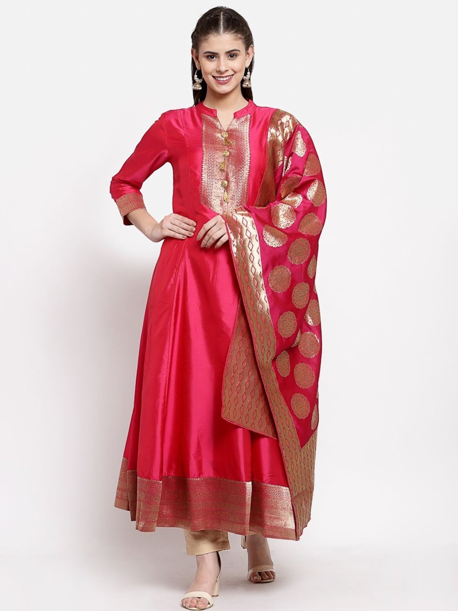 Women Myshka | Women'S Red Poly Silk Solid Full Sleeve Mandarin Neck Casual Anarkali Gown - Myshka