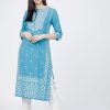 Women CHEERA | Women'S Sky Blue Embellished Daily Wear Cotton Blend Kurta - Cheera