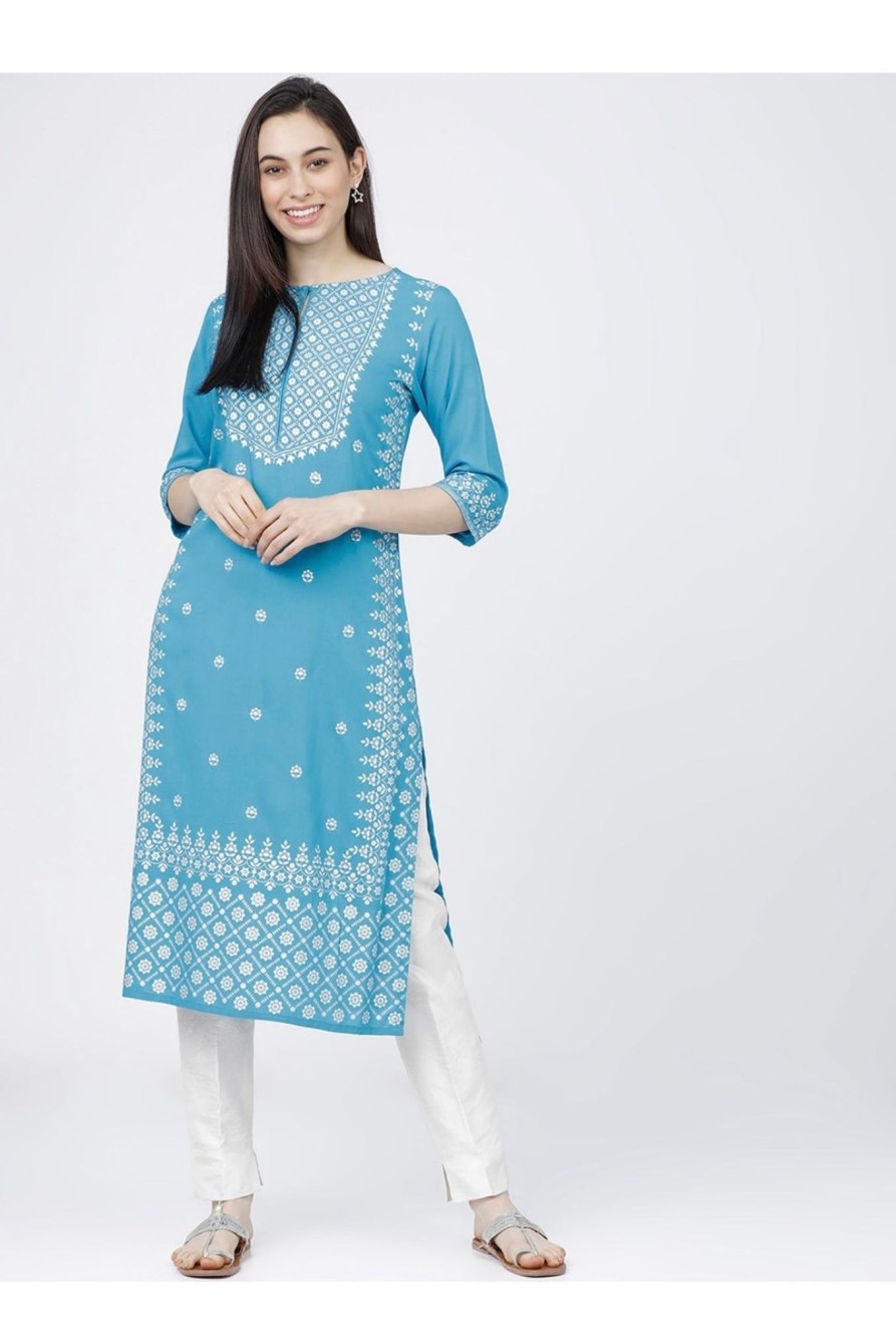 Women CHEERA | Women'S Sky Blue Embellished Daily Wear Cotton Blend Kurta - Cheera