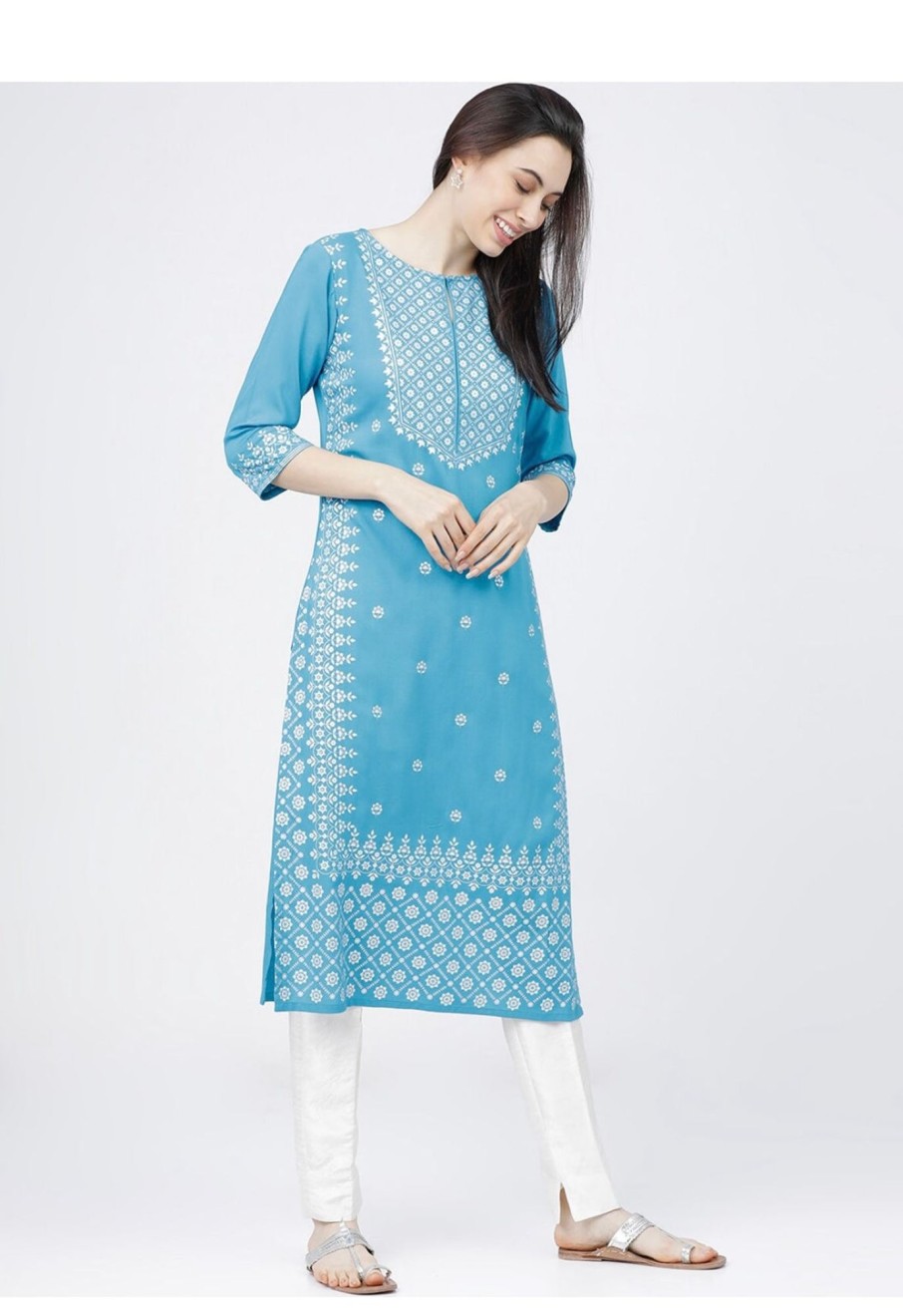 Women CHEERA | Women'S Sky Blue Embellished Daily Wear Cotton Blend Kurta - Cheera