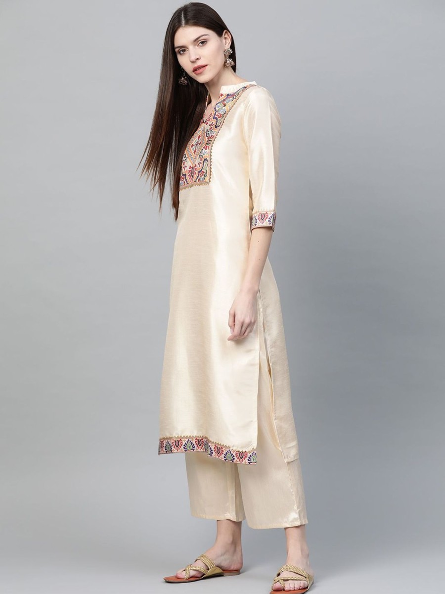 Women Ziyaa | Women'S Colour Dyed Straight Polysilk Kurta - Ziyaa Cream