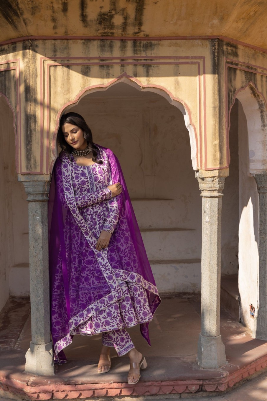 Women Pomcha Jaipur | Women'S Monsoon Lilly Cotton Anarkali Set - Pomcha Jaipur Purple