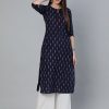 Women Nayo Clothing | Women'S Navy Blue Ikat Printed Straight Kurta With Three Quarters Sleeves - Nayo Clothing