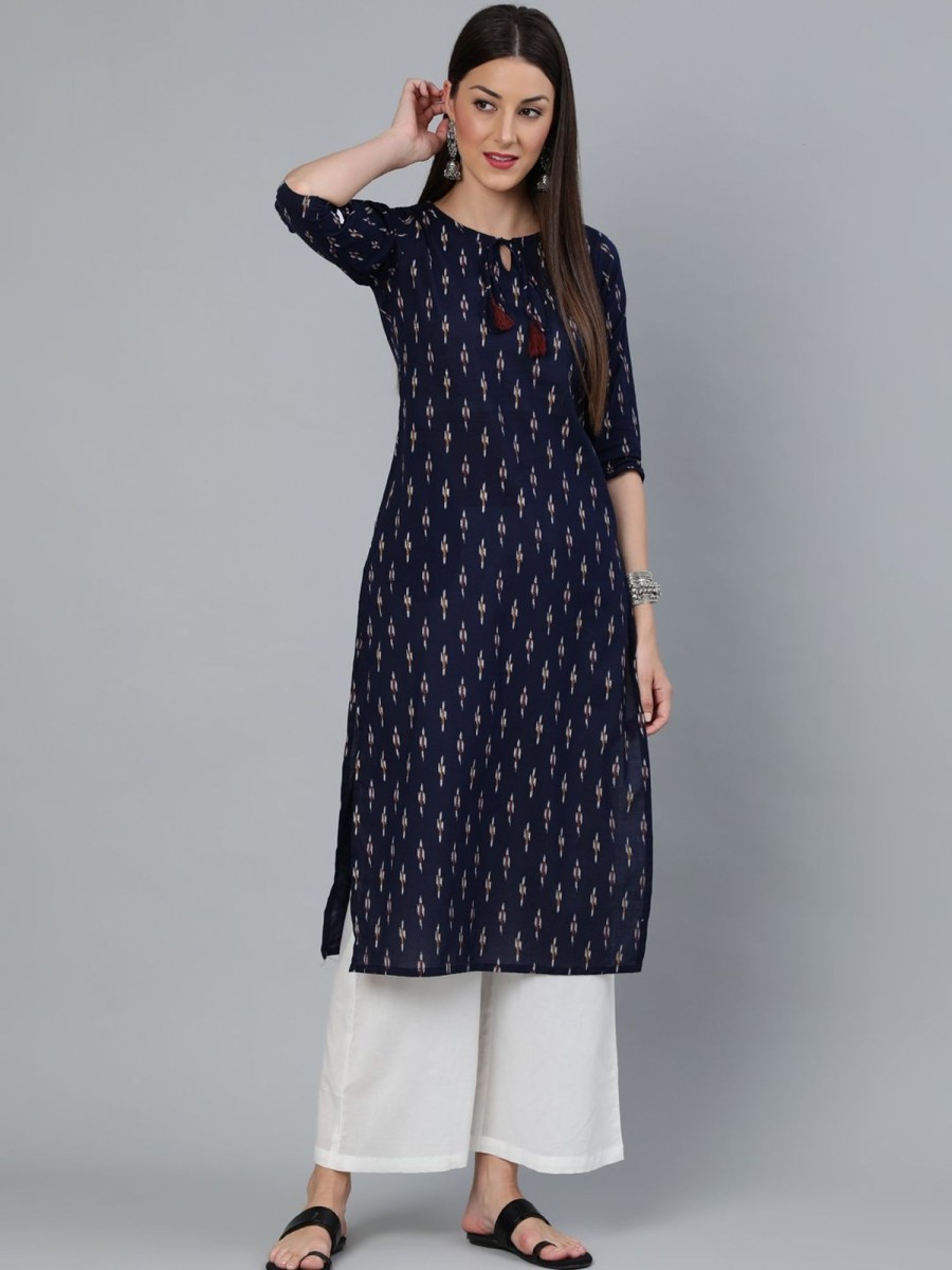 Women Nayo Clothing | Women'S Navy Blue Ikat Printed Straight Kurta With Three Quarters Sleeves - Nayo Clothing