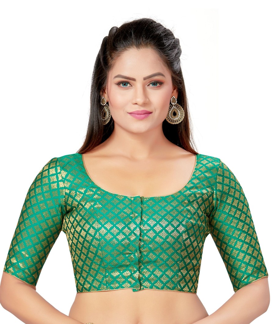 Women Madhu Fashion | Women'S Polyester Brocade Readymade Saree Blouse With Elbow Length Sleeves - Madhu Fashion Green