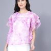 Women Myshka | Women'S Organza Printed Short Sleeve Round Women Top - Myshka Pink