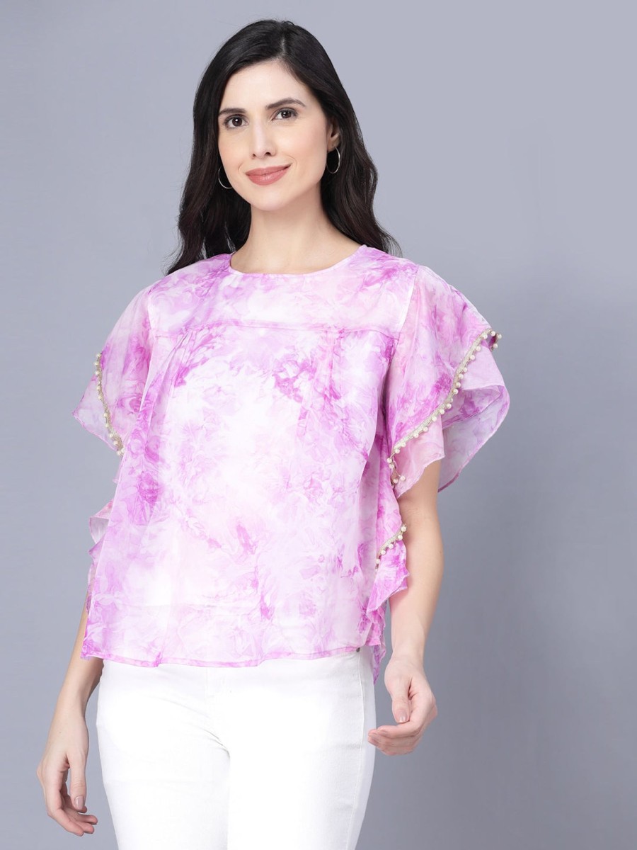 Women Myshka | Women'S Organza Printed Short Sleeve Round Women Top - Myshka Pink