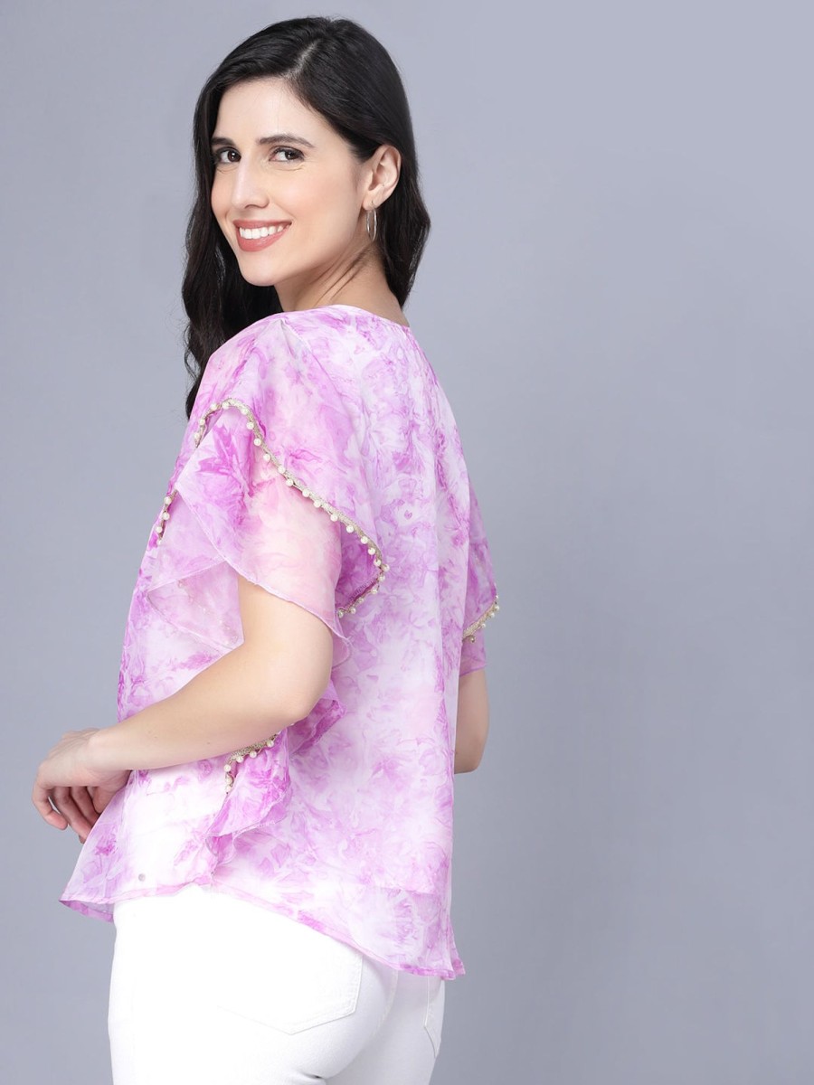 Women Myshka | Women'S Organza Printed Short Sleeve Round Women Top - Myshka Pink