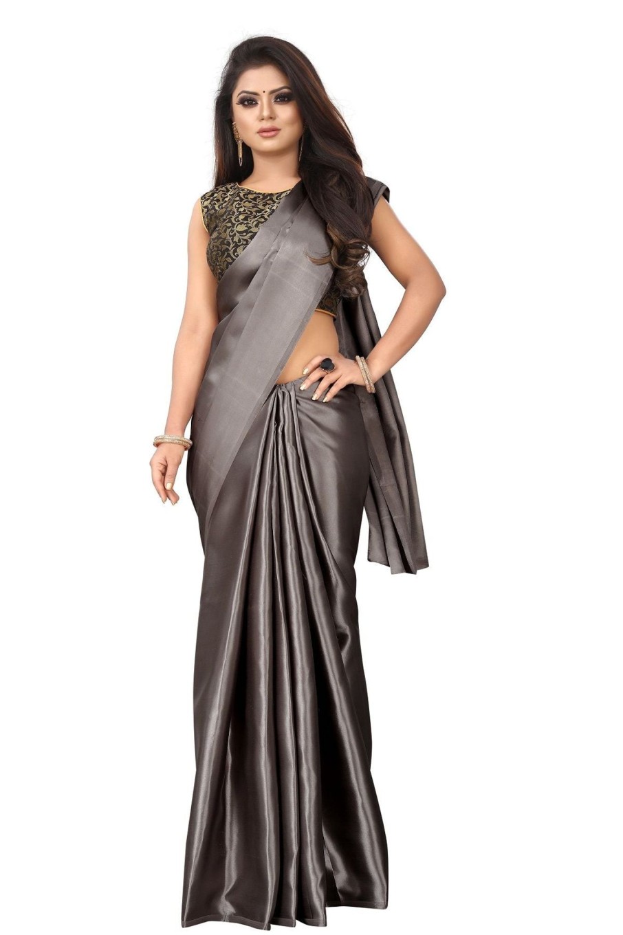 Women Vamika | Women'S Grey Satin Designer Saree - Vamika