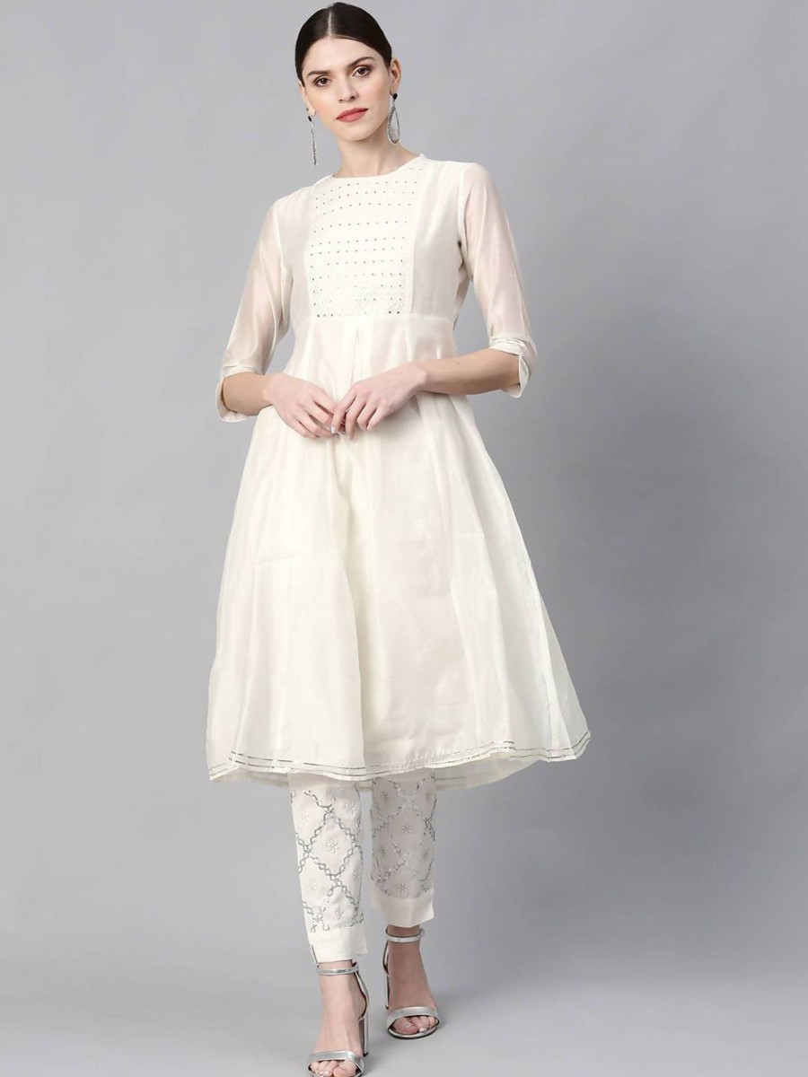 Women Juniper | Women'S Chanderi Cotton Embellished A-Line Kurta - Juniper White