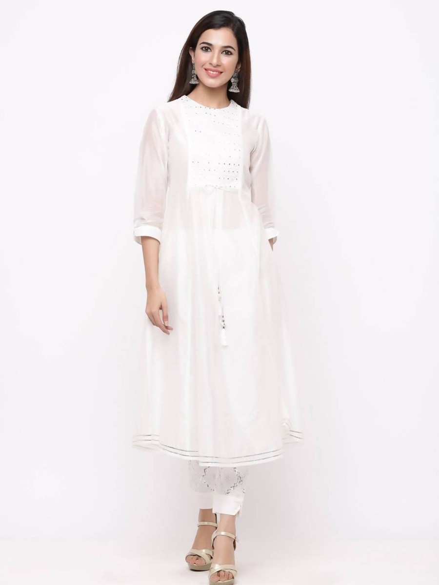 Women Juniper | Women'S Chanderi Cotton Embellished A-Line Kurta - Juniper White