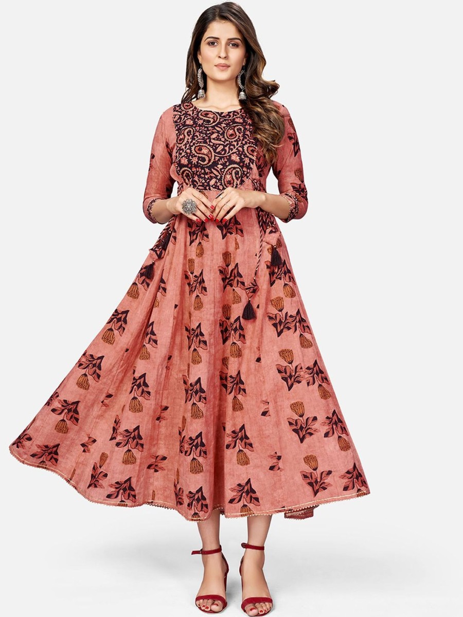 Women Vbuyz | Women'S Printed U0026 Hand Work Anarkali Cotton Brown Kurta (1Pc) - Vbuyz