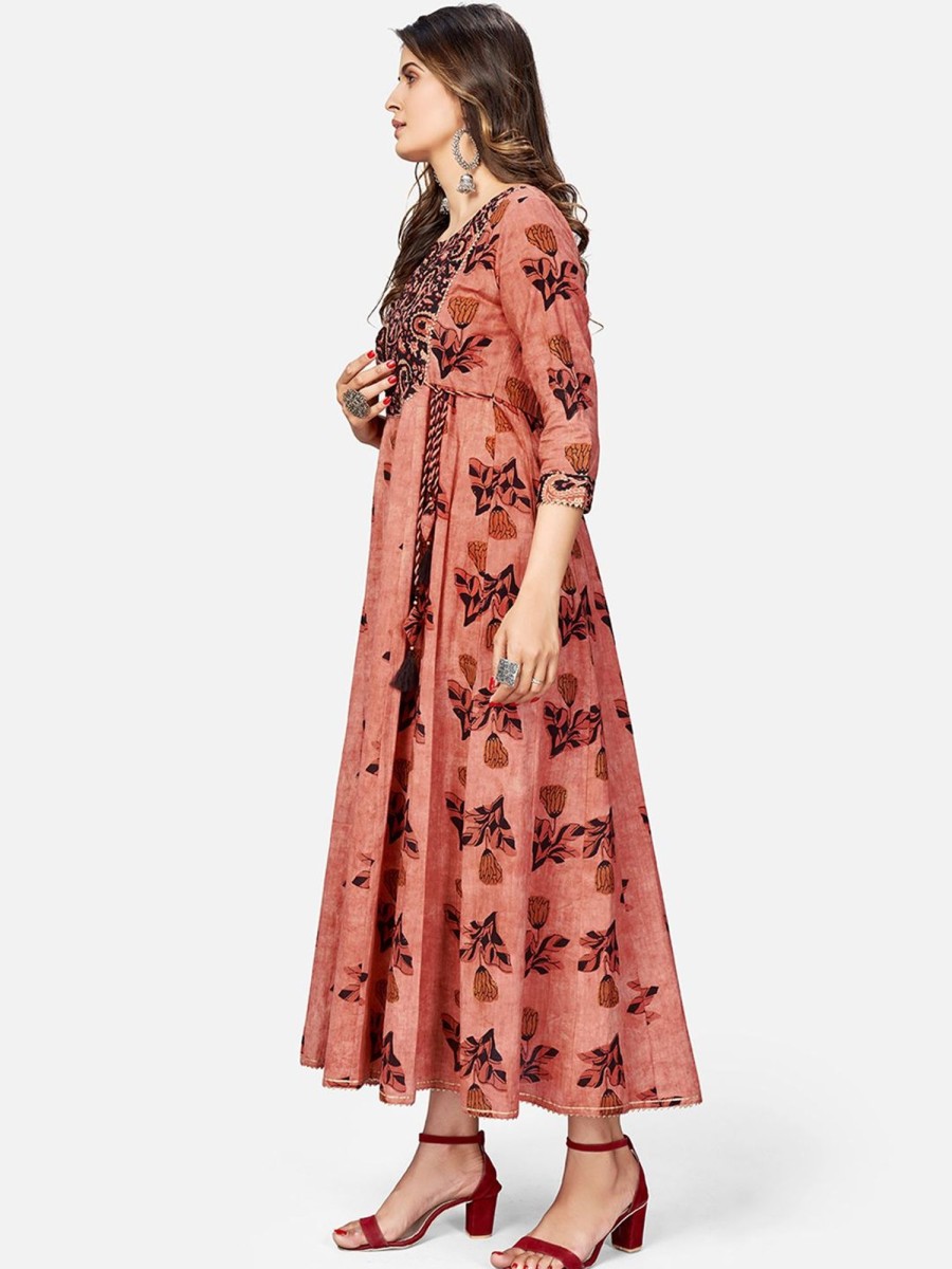 Women Vbuyz | Women'S Printed U0026 Hand Work Anarkali Cotton Brown Kurta (1Pc) - Vbuyz