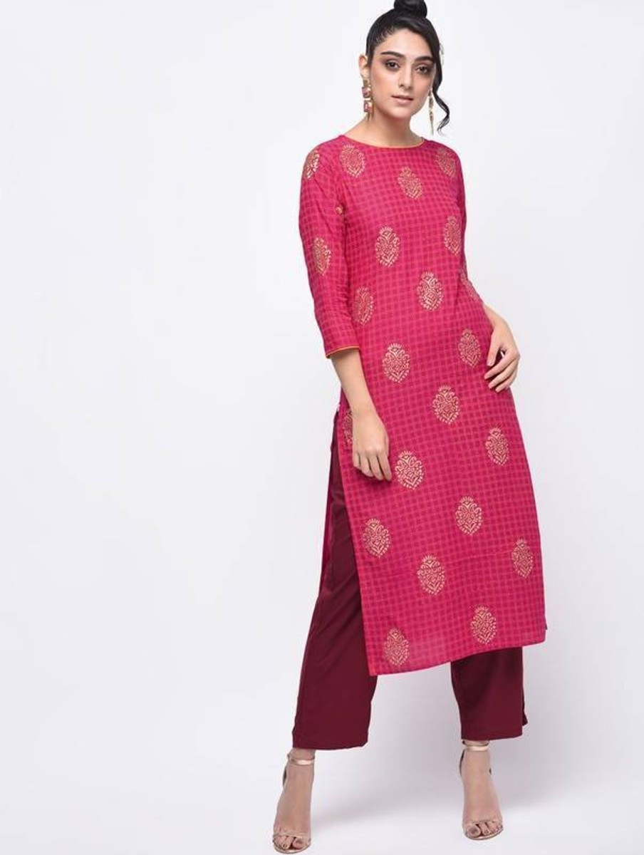 Women Aniyah | Women'S Block Printed Straight Kurta - Aniyah Pink