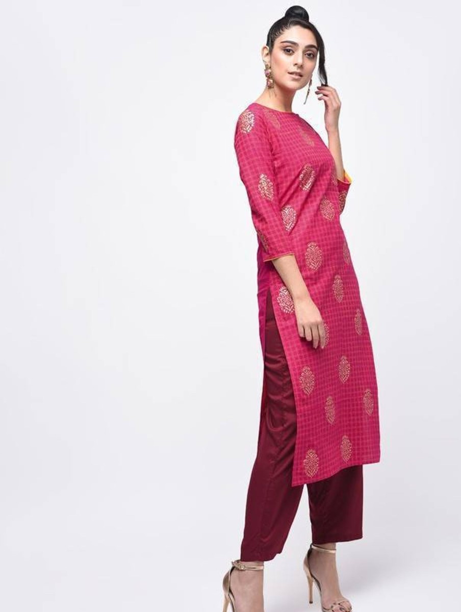 Women Aniyah | Women'S Block Printed Straight Kurta - Aniyah Pink