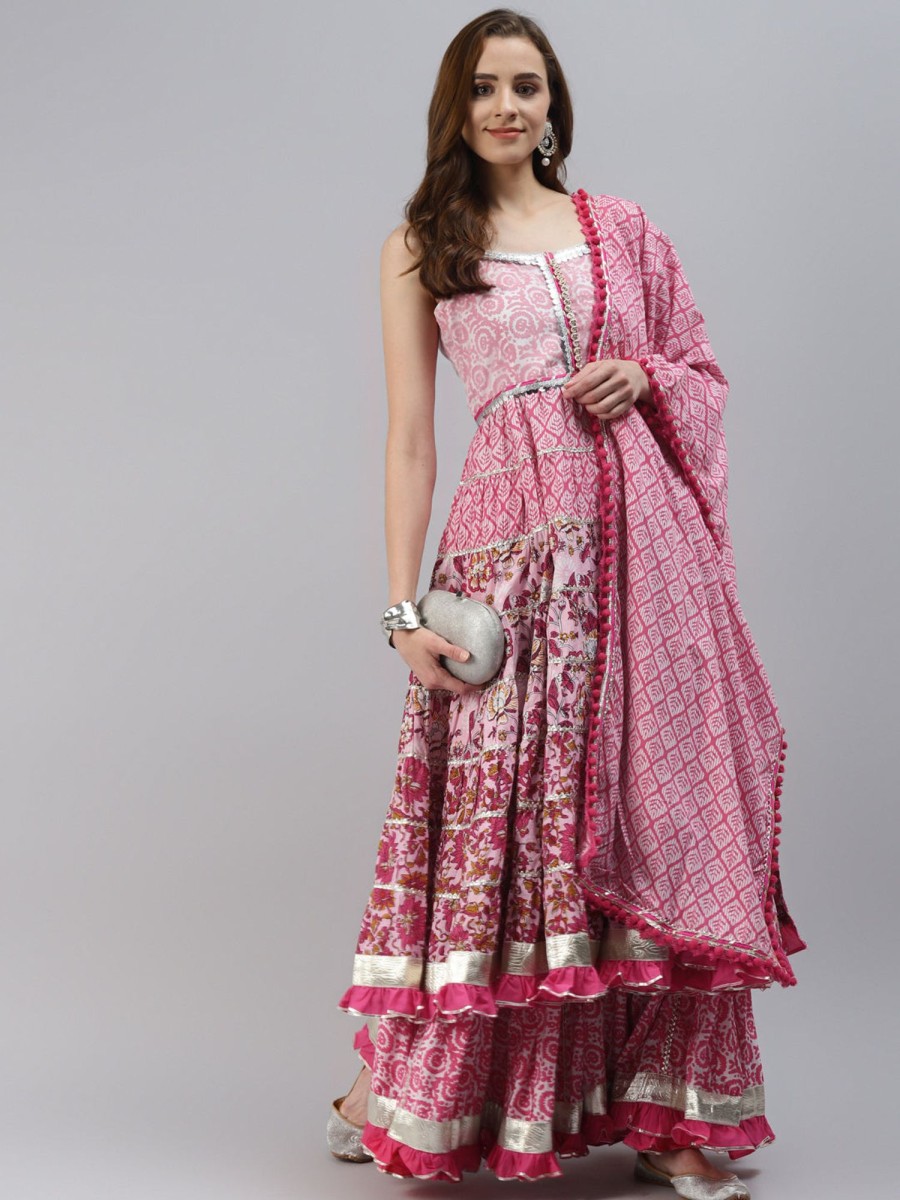 Women Wahe-NOOR | Women'S Pink Cotton Sleeves Less Anarkali Sharara Set With Dupatta - Wahenoor