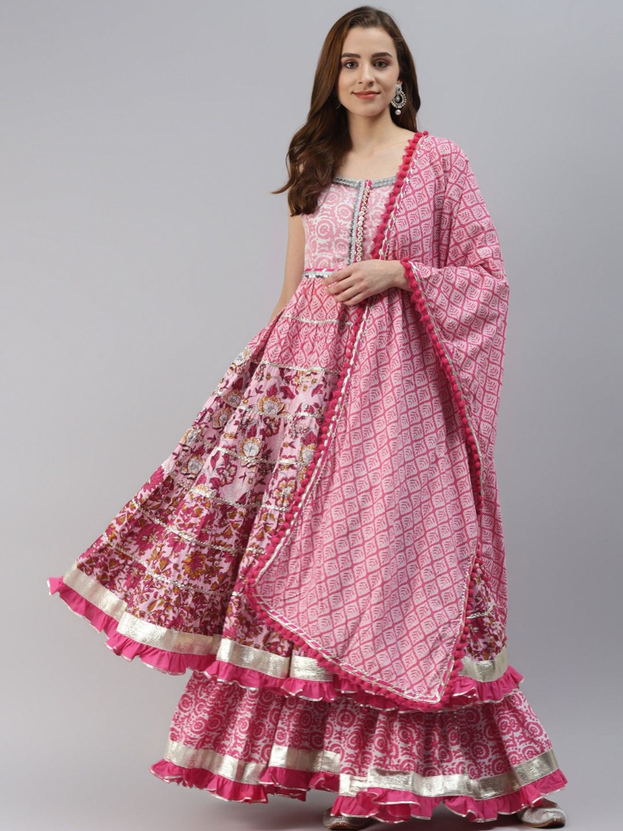 Women Wahe-NOOR | Women'S Pink Cotton Sleeves Less Anarkali Sharara Set With Dupatta - Wahenoor