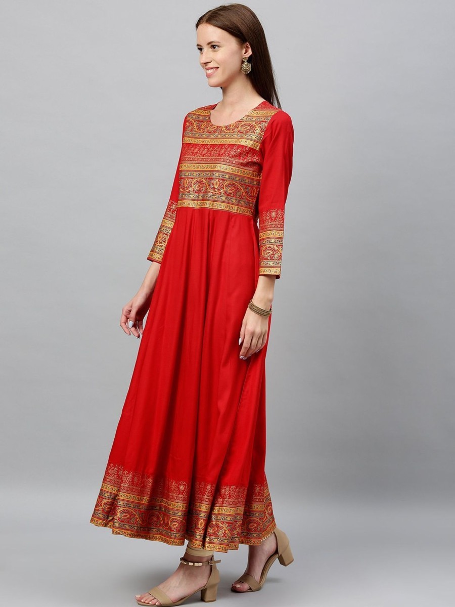 Women Kipek | Women'S Printed Anarkali Kurta By Kipek (1 Pc Set) Red