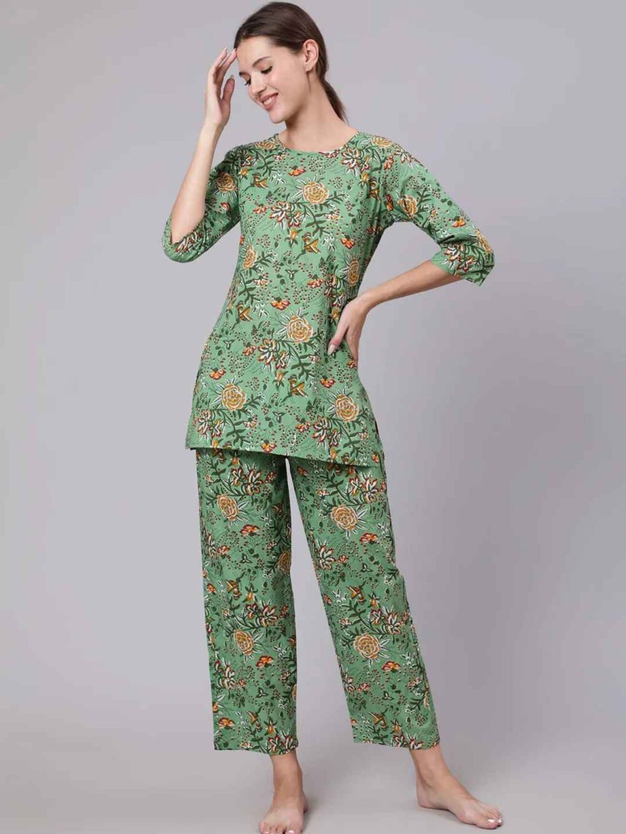 Women Final Clearance Sale | Women'S U0026 Orange Printed Pure Cotton Night Suit - Final Clearance Sale Green