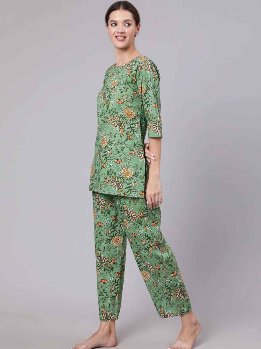 Women Final Clearance Sale | Women'S U0026 Orange Printed Pure Cotton Night Suit - Final Clearance Sale Green