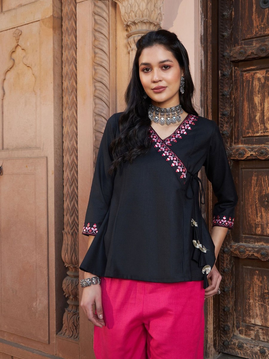 Women SASSAFRAS | Women'S Embroidered Angrakha Top - Sassafras Black