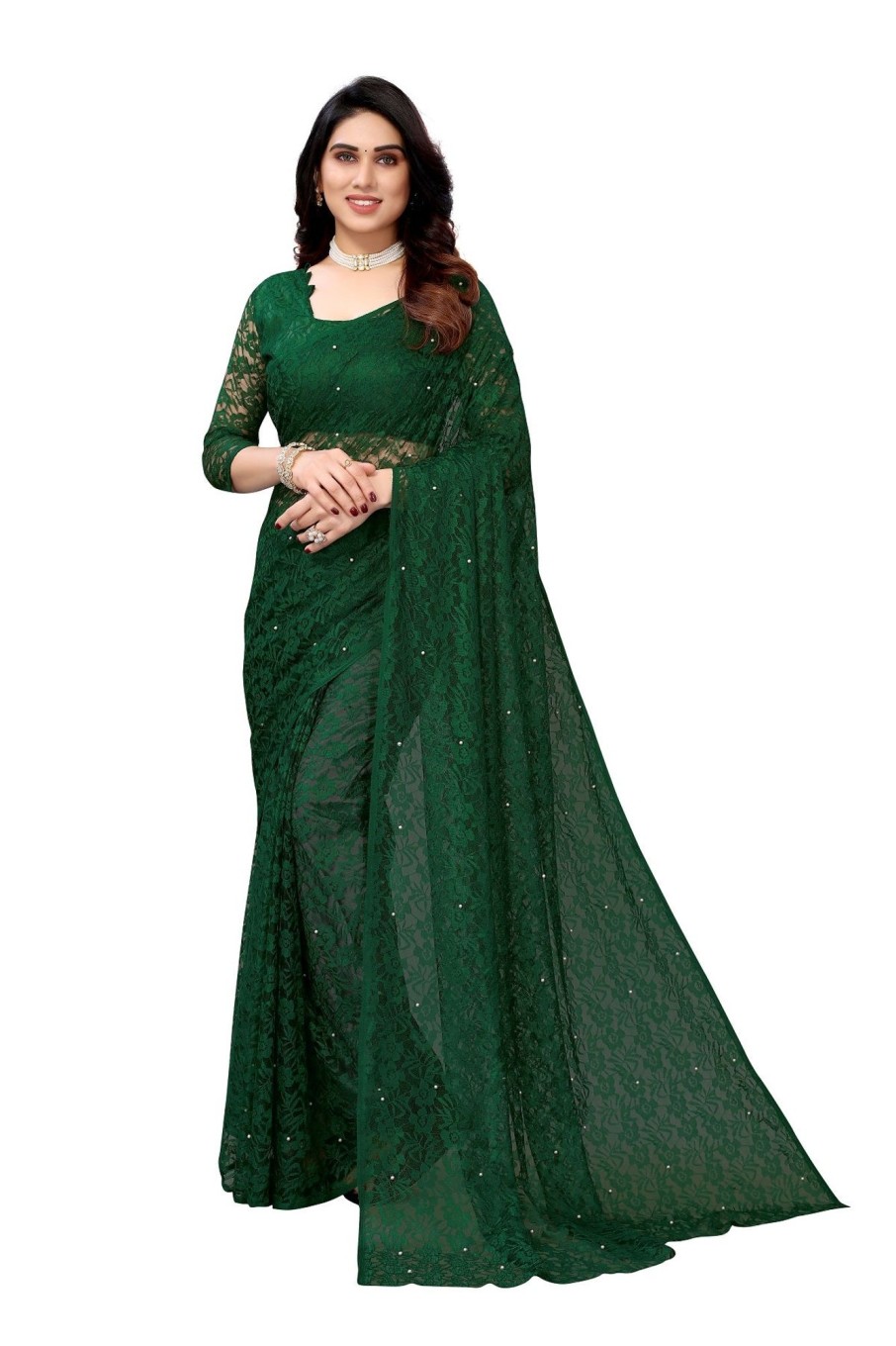 Women Vamika | Women'S Ethnic Fire Pearls Net Saree - Vamika Green