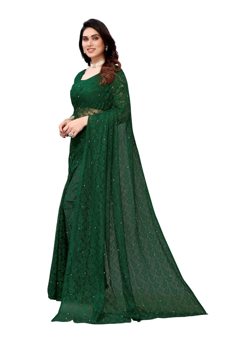 Women Vamika | Women'S Ethnic Fire Pearls Net Saree - Vamika Green