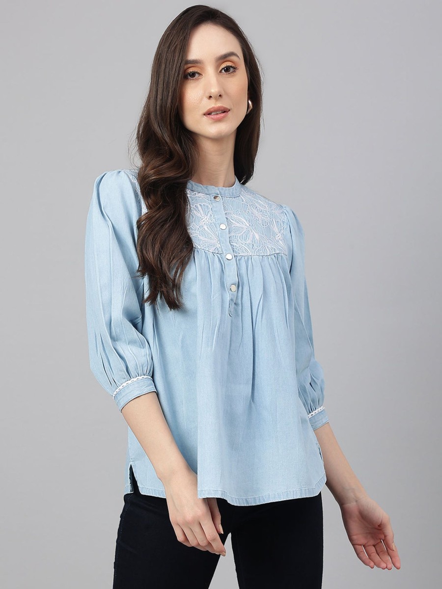 Women Janasya | Women'S Embroidered Light Denim Tops - Janasya Blue