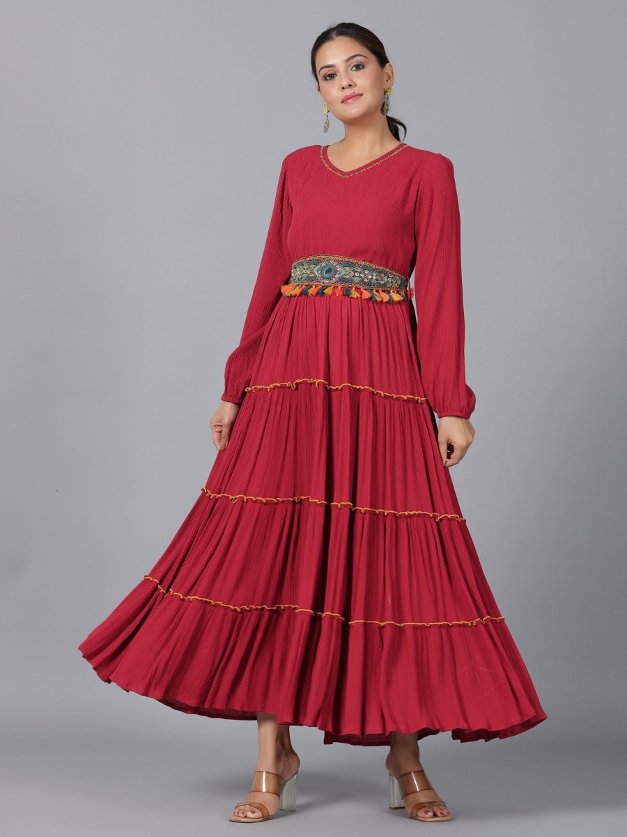 Women Juniper | Women'S Rayon Crepe Tiered Maxi Dress - Juniper Maroon