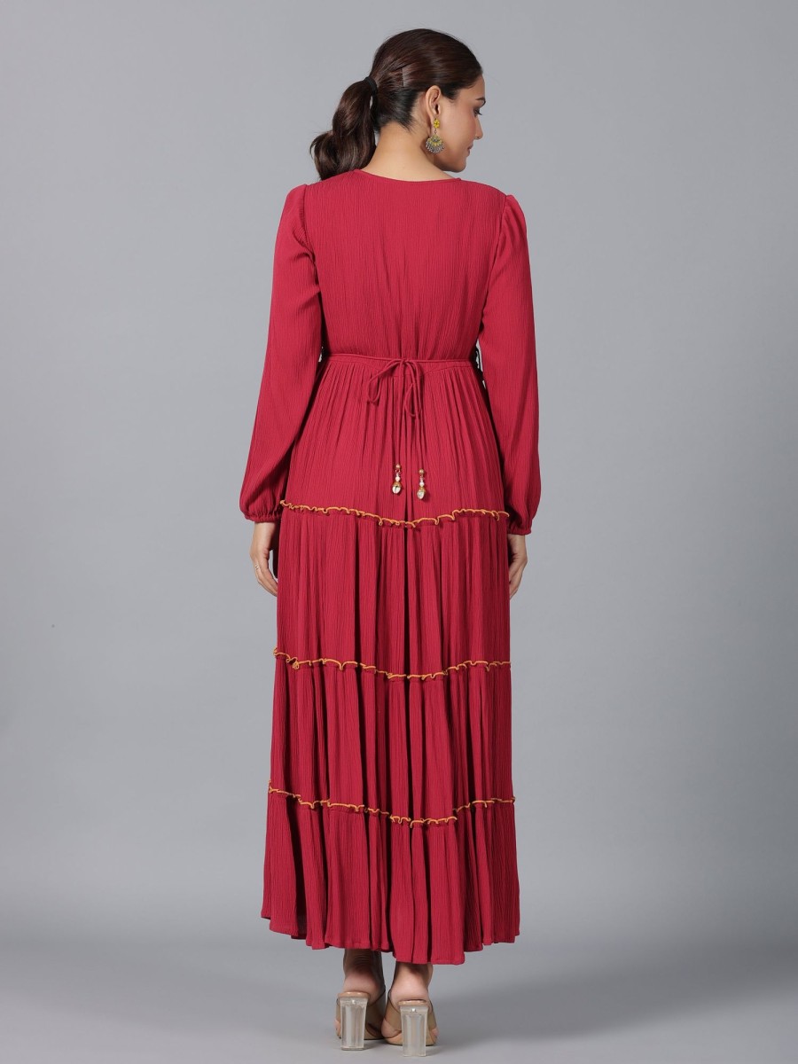 Women Juniper | Women'S Rayon Crepe Tiered Maxi Dress - Juniper Maroon