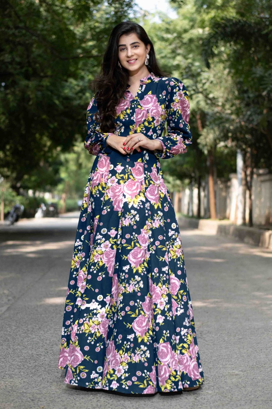 Women Label Shaurya Sanadhya | Women'S Blue Floral Affair Gown Dress (1Pc) - Label Shaurya Sanadhya