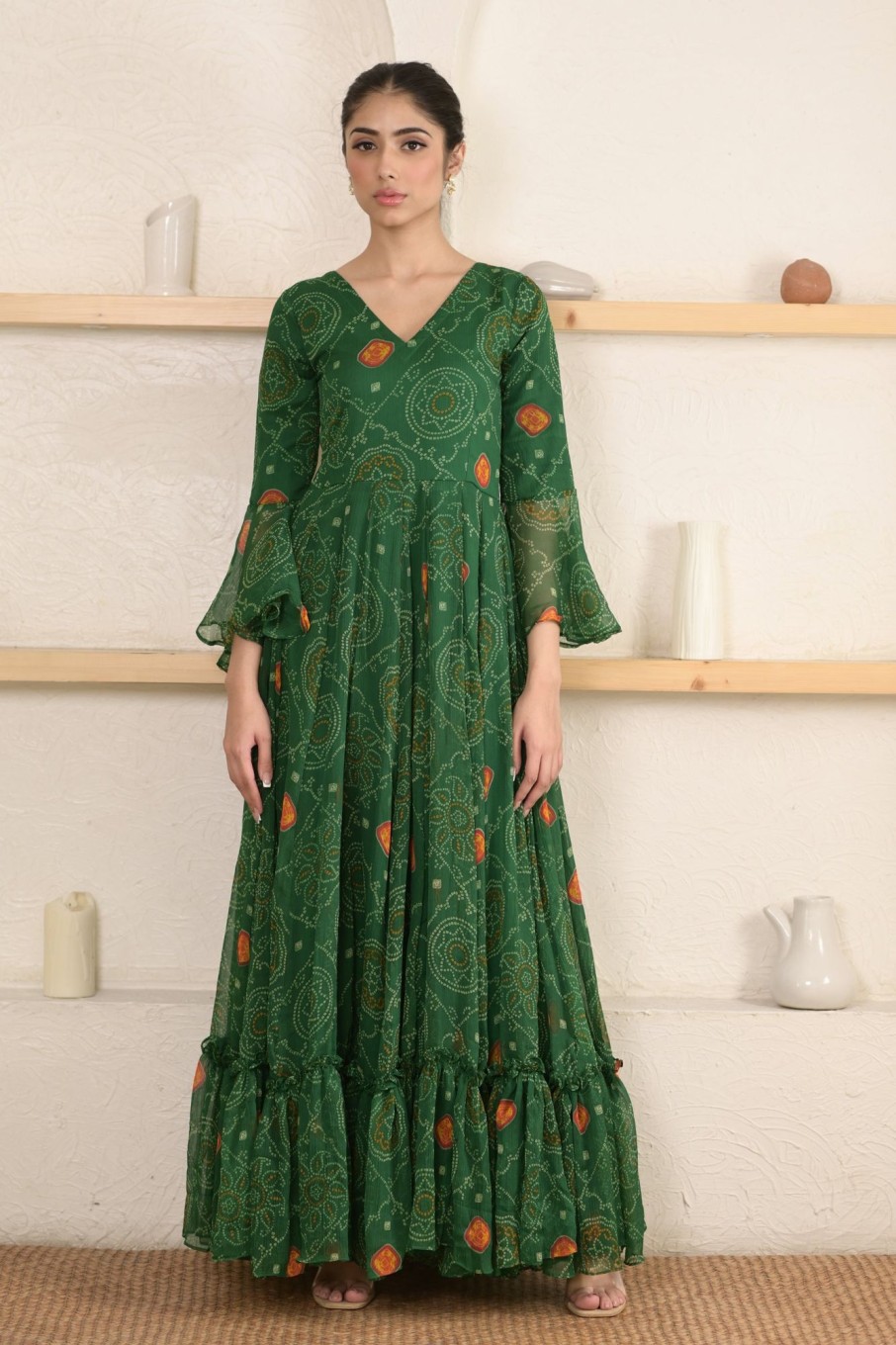 Women SARAS THE LABEL | Women'S Green Bandhani Print Gown By Saras The Label (1 Pc Set)