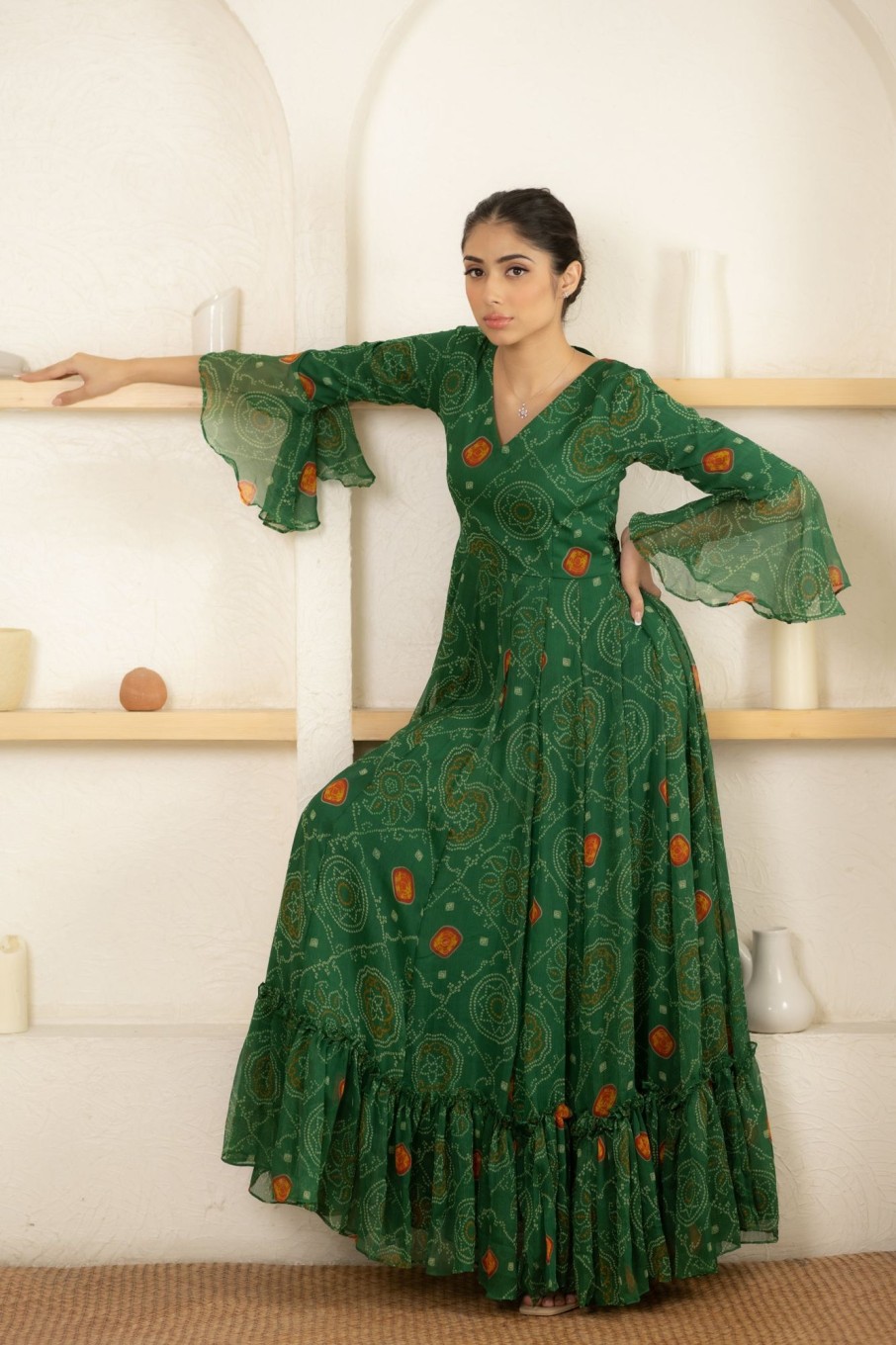 Women SARAS THE LABEL | Women'S Green Bandhani Print Gown By Saras The Label (1 Pc Set)