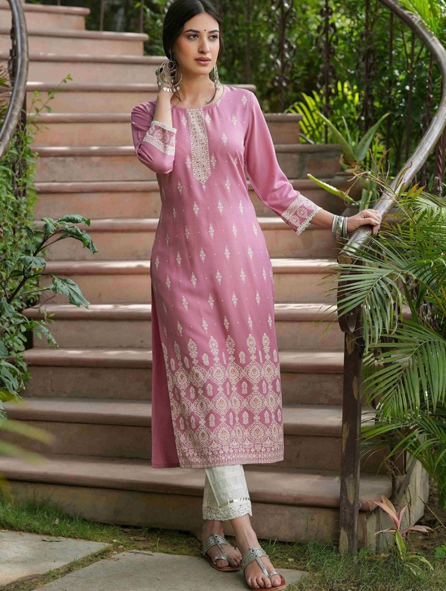 Women CHEERA | Women'S Baby Pink Embellished Daily Wear Cotton Blend Kurta - Cheera